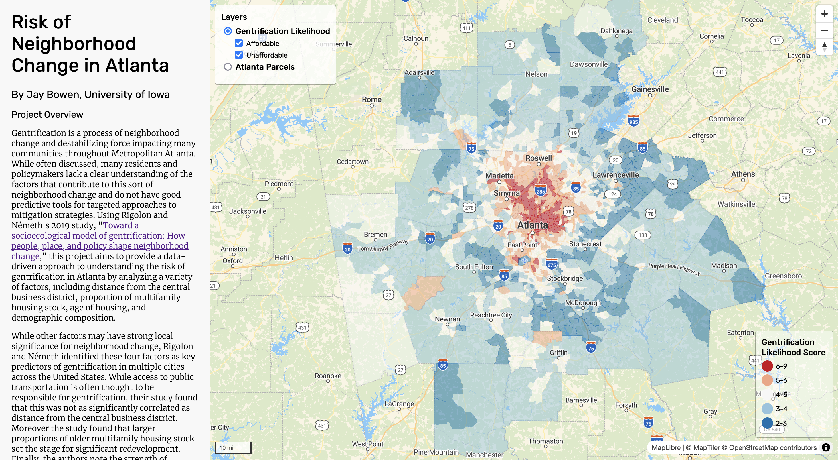 A web map application showing the locations of census tracts in Metro Atlanta predicted to undergo neighborhood change.